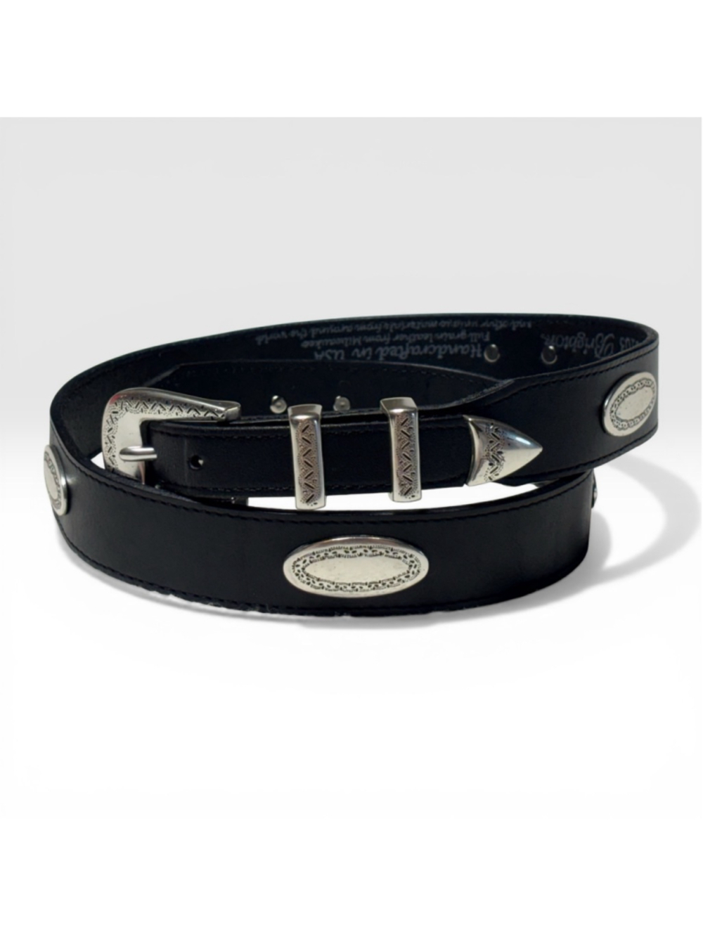 EUC Men's Brighton Black Western Leather Silver Plated Taper Ornament Belt SZ 38